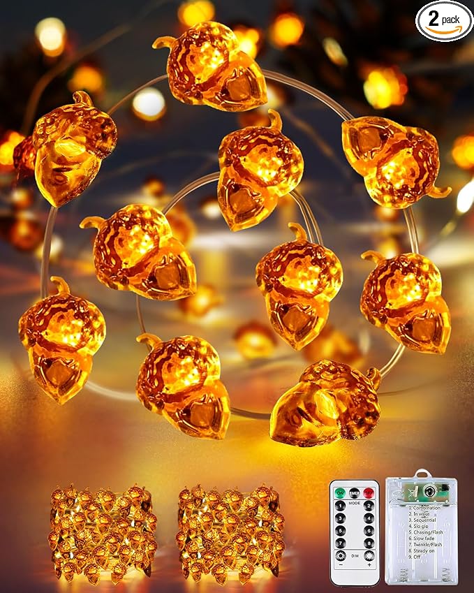 BOSSERN 2 Pack 60LED Thanksgiving Decoration Acorn String Light Battery Operated, 20FT Fall Lights with Remote, Waterproof 8 Modes Fairy Lights for Autumn Harvest Thanksgiving Halloween Decor