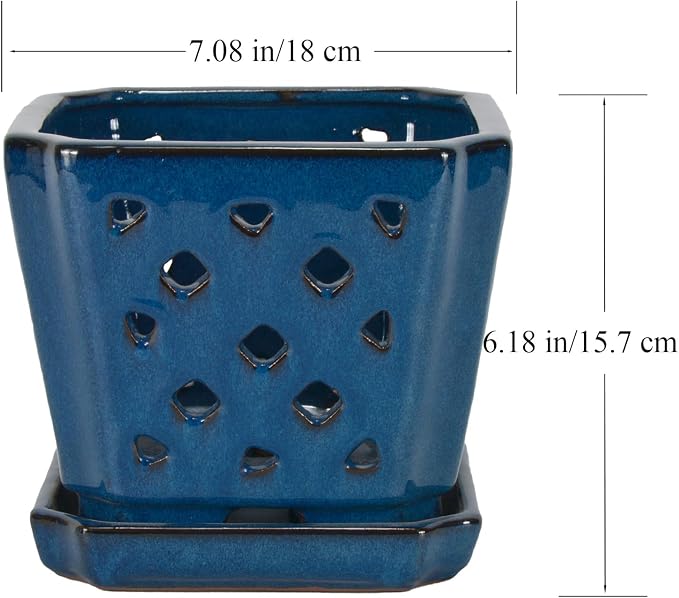 W&W Ceramic Orchid Pot with Holes and Saucer for Repotting, Blue, 7"