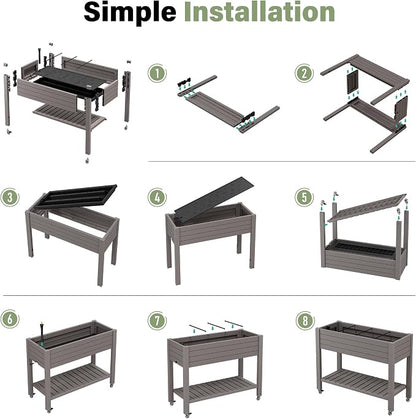 Elevated Raised Garden Bed with Wheels,Planter Box,Gray-33.7" h | Resin Planter Box with Drainage Holes, Water Monitor, Wheels for Garden Patio Backyard