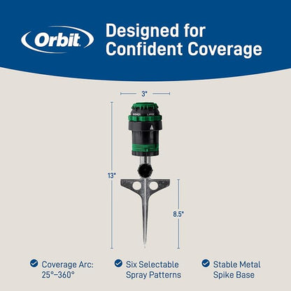 Orbit H2O-Six Gear-Drive Sprinkler on Metal T-Spike - Customizable Lawn Watering Coverage - Multi-Pattern Rotating Head with Adjustable Spray Range - Durable Outdoor Yard Irrigation Sprinkler - 58573