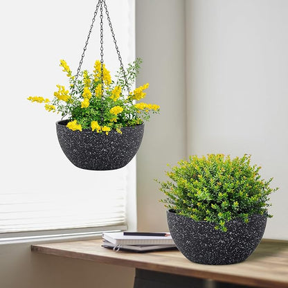 Meowell 12 inch Large Hanging Planters for Indoor Outdoor Plants, 2 Pack Hanging Flower Pots with Drainage Holes and Chain for Garden Porch, Plastic Hanging Baskets for House Plants, Speckled Black