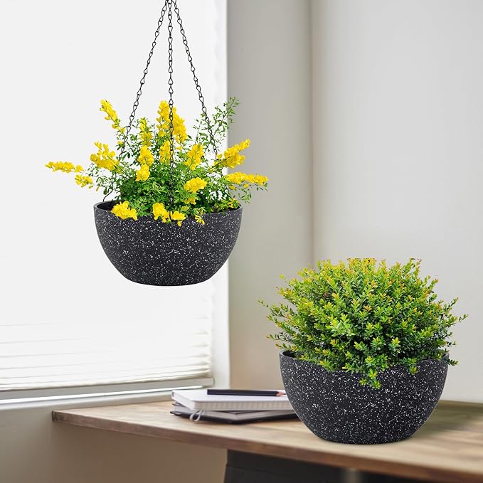 Meowell 8 inch Small Hanging Planters for Indoor Outdoor Plants, 2 Pack Hanging Flower Plant Pots with Drainage Holes and Chain for Porch, Plastic Hanging Baskets for House Plants, Speckled Black