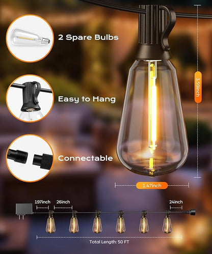 Outdoor String Lights, 50FT Patio Lights for Outside, Smart App & Remote Control with Timer, Dimmable with 4 Scene Modes, Warm White Waterproof LED Bulbs for Garden, Yard and Backyard Decor