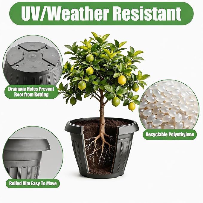 RooTrimmer 18 Inch Black Plant Pots,5 Pack Outdoor Flower Pots with Drainage Holes,Heavy Duty Large Planters for Garden,Patio,Porch