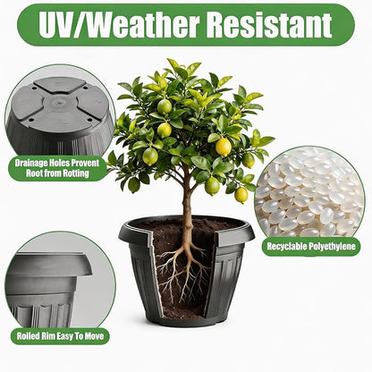 RooTrimmer 18 Inch Black Plant Pots,5 Pack Outdoor Flower Pots with Drainage Holes,Heavy Duty Large Planters for Garden,Patio,Porch