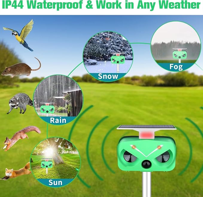 Solar Animal Repeller Ultrasonic,Cat Repellent Outdoor with Motion Detection and LED Flashing Light and Sound,Waterproof Ultrasonic Deer Repellent Repel Dog,Squirrel,Deer, Raccoon,Skunk,Rabbit
