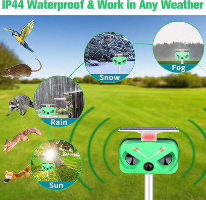 Solar Animal Repeller Ultrasonic,Cat Repellent Outdoor with Motion Detection and LED Flashing Light and Sound,Waterproof Ultrasonic Deer Repellent Repel Dog,Squirrel,Deer, Raccoon,Skunk,Rabbit