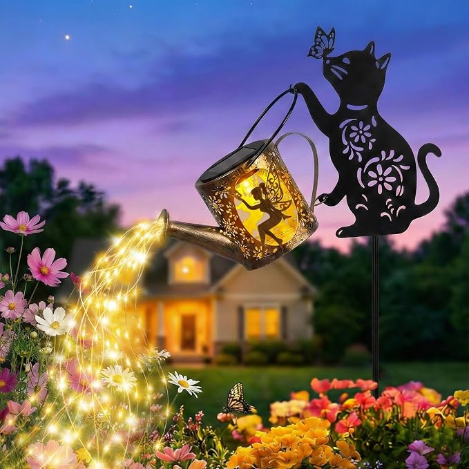 Solar Watering Can Light Outdoor Garden Decor Gifts for Cat Lover Mom Women | Cat Garden Decor, Rust-Resistant Metal, IP65 Waterproof, 8-12H Auto On/Off, Patio Pathway Yard