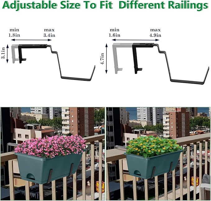 Window Boxes Planters with Adjustable Brackets Set of 2 Outdoor Fence Planters, Over the Deck Railing Planter Box with 6 Pack Hanging Plastic Flower Pots, Drainage Holes for Balcony, Patio, Green