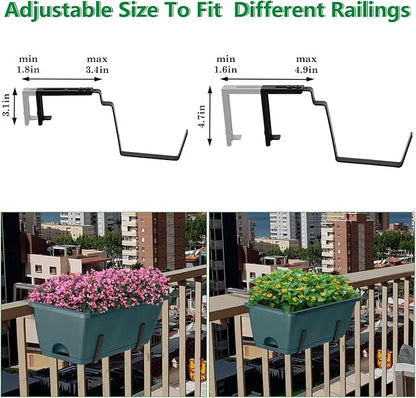 Window Boxes Planters with Adjustable Brackets Set of 2 Outdoor Fence Planters, Over the Deck Railing Planter Box with 6 Pack Hanging Plastic Flower Pots, Drainage Holes for Balcony, Patio, Green