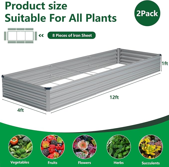 Vengarus 2PCS 12x4x1ft Galvanized Raised Garden Beds Kit,Planter Box Silver | Galvanized Steel, Rectangular Metal Planter Raised Beds, Vegetables, Herbs, Flowers, Easy Assembly, Rustproof Safe Backyard