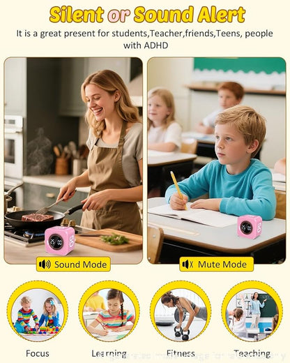 Digital Pomodoro Timer Cube 5/10/25/50min, Visual Productivity Flip Timer for Kids Classroom Desk, Custom Countdown, Silent and Sound Mode for ADHD Study Work Game Kitchen (Pink)