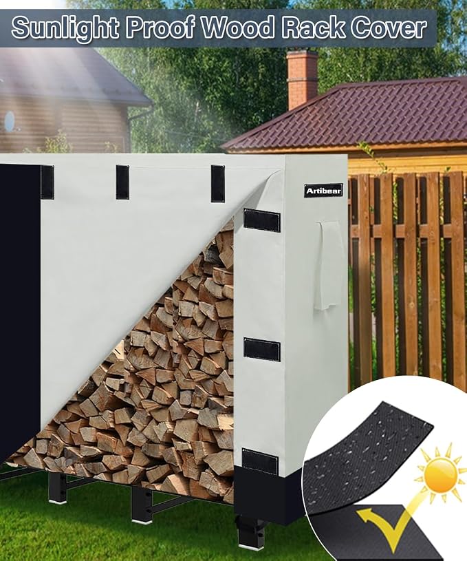8ft Firewood Rack Cover for Wood Holder, Waterproof Wood Pile Cover for Outside, Indoor Outdoor Log Rack Cover for Firewood with Buckle, Khaki (Frame not Include)