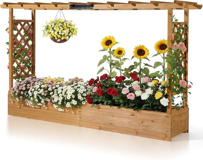 VINGLI 45 in Raised Garden Bed with Trellis & Hanging Roof, Wooden Elevated Planter Box with Drainage Holes for Outdoor Climbing Plants Vegetables Flowers, Patio Yard Balcony (Teak Color, Wider)