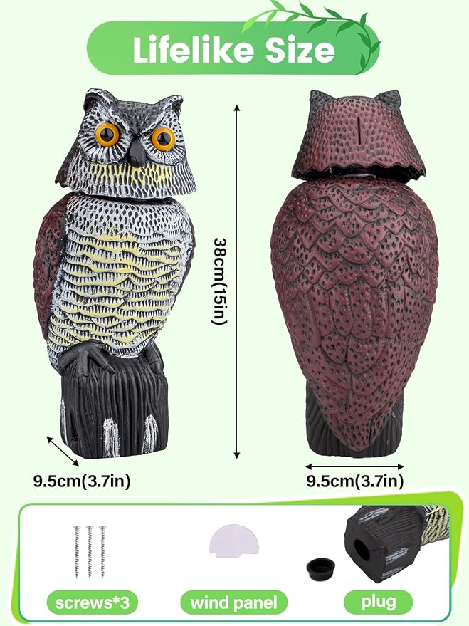 Owl Decoys to Scare Birds Squirrels Away, 360 Rotating Head Activated, Fake Owl Statues Repellent Pest Hawk Squirrel Cats Chickens Pigeon Bird Deterrents for Outside Garden Patios Backyard
