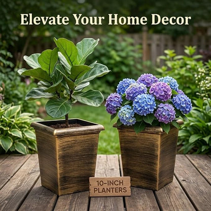 Tall Outdoor Square Planter - 4 Pack 10 Inch Vintage Gold Faux Metal Plant Pot with Drainage Holes & Raised Feet, 13" H Deep Root Plastic Flower Pots for Indoor Outdoor Plants, Trees, Roses