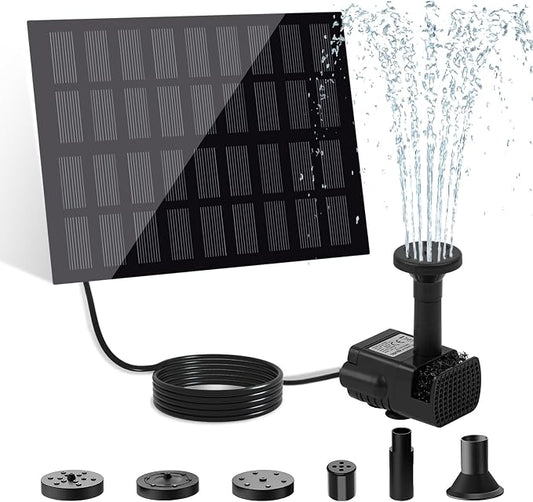 Solar Powered Fountain Pump, DIY Solar Water Pump Kit with 9.84FT Power Cord & 4 Nozzles, 2W Solar Fountain for Bird Bath, Patio, Garden, Small Pond