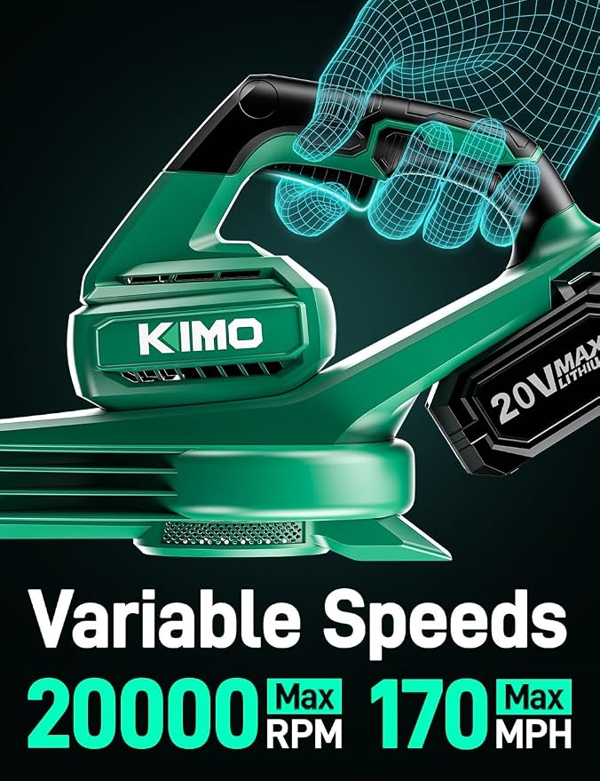 K I M O. Leaf Blower Cordless with Battery and Charger, 2Pack Batteries, Extension Tube,20000RPM Variable Speed, Lightweight Cordless Leaf Blower, Battery Operated Leaf Blowers for Lawn Care and Patio