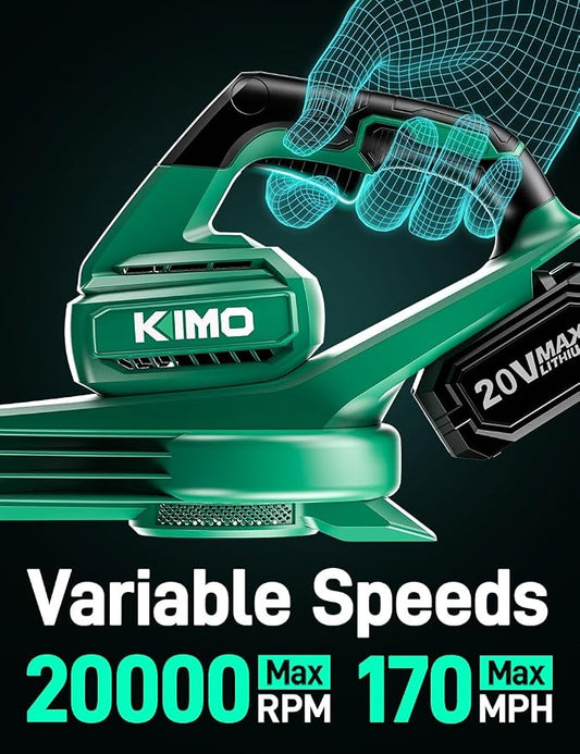 K I M O. Leaf Blower Cordless with Battery and Charger, 2Pack Batteries, Extension Tube,20000RPM Variable Speed, Lightweight Cordless Leaf Blower, Battery Operated Leaf Blowers for Lawn Care and Patio