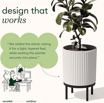 Veradek Demi Series Round Planter w/Stand for Porch/Patio | Durable Plastic-Stone Composite & Wooden Stand | Modern Décor for Tall Plants, Flowers