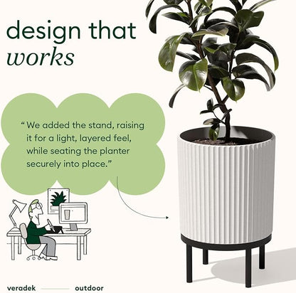 Veradek Demi Series Round Planter w/ Stand for Porch/Patio | Durable Plastic-Concrete & Wooden Stand | Modern Décor for Tall Plants, Flowers