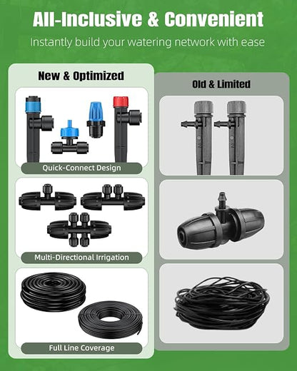 Pawfly 250 ft Drip Irrigation System, Quick-Connect Drip Irrigation Kit with 50ft 1/2" & 200ft 1/4" Tubing and Accessories, Garden Watering System for Greenhouse,Yards,Lawn,Raised Bed