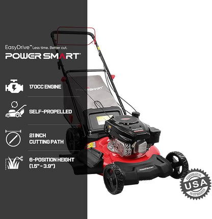 PowerSmart 21-Inch Self Propelled Gas Lawn Mower, 170cc OHV Engine, Rear-Wheel Drive, Steel Deck, 3-in-1 Walk-Behind Mower