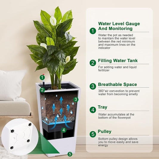 GarveeLife 30" Tall Planters Set of 2, Outdoor&Indoor Black Planter Pots, High Front Porch Planter Pots with Drainage Holes&Water Level Monitor Movable Wheels &Inner Bucket, Automatic Watering, White