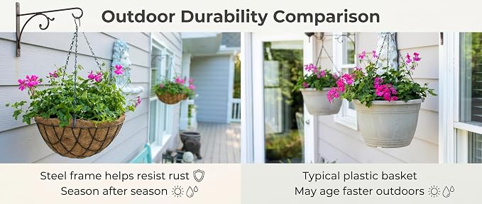 Kingbuy 10 Inch Metal Hanging Planter Basket with Coconut Fiber Liner Round Wire Hanging Plant Flower Pot for Home Garden Patio Decoration, Grid Pattern, 2 Pack