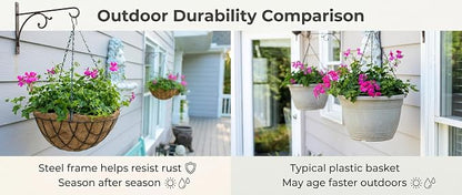 Kingbuy 12 Inch Metal Hanging Planter Basket 2 Pack - with Coconut Fiber Liners, Rustproof 3-Chain System, Quick Drainage for Indoor/Outdoor Window Balcony Patio, Weather-Resistant Coating