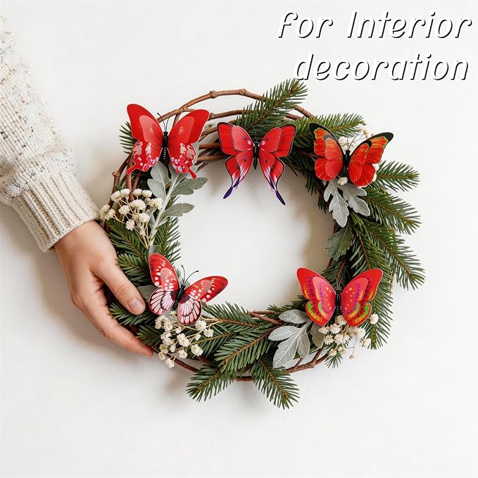 30PCS Red Butterfly Decor Artificial Butterflies for Outdoor Garden Decor | 3D Waterproof Double Layer Butterfly Decorative Garden Stakes for Flower Arrangements Outdoor Indoor Spring Decor