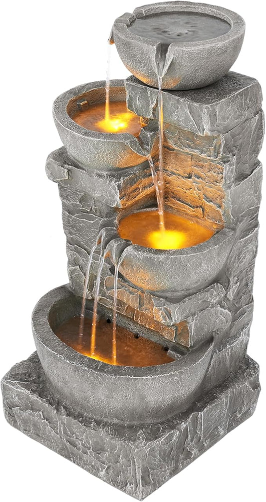 Teamson Home 33.25 in. Cascading Bowls and Stacked Stones LED Outdoor Water Fountain for Gardens, Landscaping, Patios, Balconies, and Lawns for a Calming Oasis in Outdoor Living Spaces, Stone Gray | LED Lights, 3-Tier Cascading Waterfall, Weather-Resis...