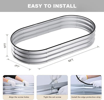 Raised Garden Bed, 6x3x1ft Galvanized Outdoor Planter Beds with Safety Edging and Gloves, Oval Metal Planter Box for Gardening Vegetables Flowers Herb-Silver