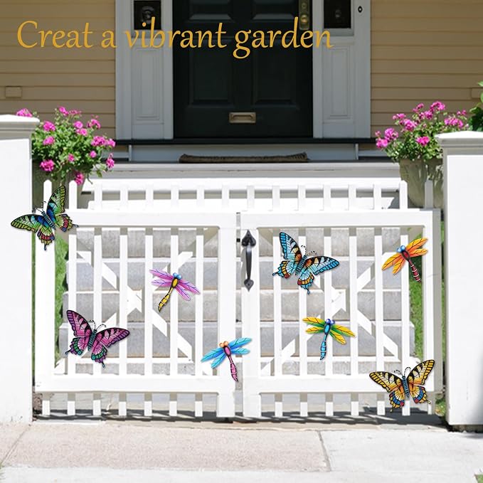 DEWEL 8 Pcs Metal Butterfly Dragonfly Wall Decor, Garden Decor for Outside Wall Art, Colorful Hanging Decorations Outdoor Wall Decor for Garden Fence Patio Yard, Great Gift Choice