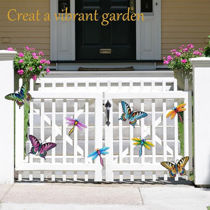 DEWEL 8 Pcs Metal Butterfly Dragonfly Wall Decor, Garden Decor for Outside Wall Art, Colorful Hanging Decorations Outdoor Wall Decor for Garden Fence Patio Yard, Great Gift Choice