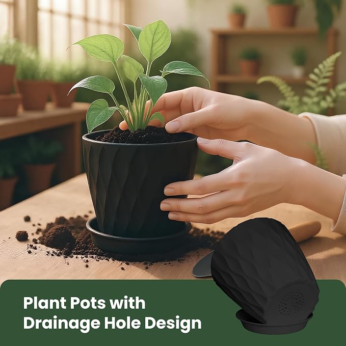 Plant Pots, Plastic Flower Pots for Indoor & Outdoor Plants, Planters with Drainage Holes and Saucer, Garden Pot for Plants (Black 7/6.5/6/5.5/5/4.5/4 inch)