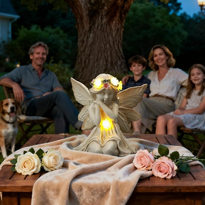 Solar Angel Garden Statue Outdoor Decor for Mother's Day, Fairy Figurine with Garland Flower Light, Cemetery Decoration for Grave, Yard, Patio, House Warming Birthday Gifts for Women, Mom