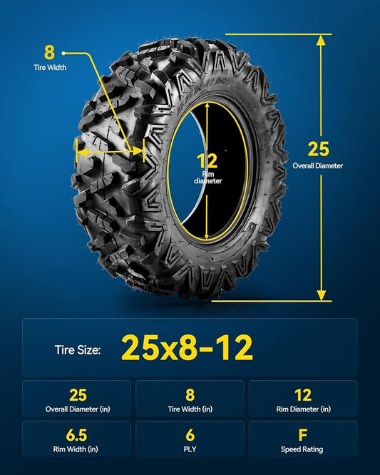 PHILTOP 25x8-12 ATV UTV Tires, 6-Ply Super Mud 25x8-12 ATV All-Terrain Tires for Riding Mowers, Golf Carts, Off-Road,2 Pcs,Tubeless (Z-199-1)