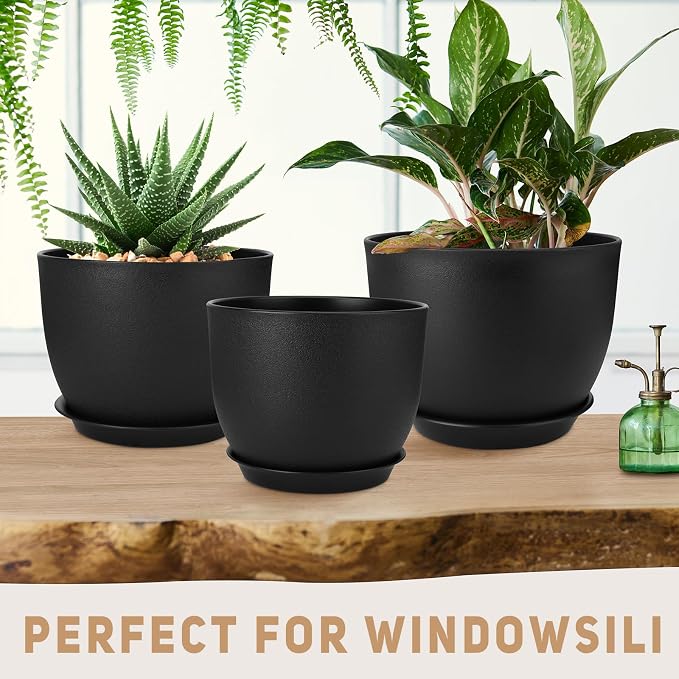 YNNICO Plant Pots 12/10/9 inch Set of 3, Flower Pots with Multi Mesh Drainage Holes, Large Planters for Indoor Outdoor Garden Plants and Flowers. (Black)