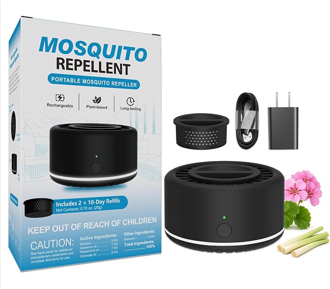 Virine Mosquito Repeller with Adapter, Portable Mosquito Repellent Device with 2 Refills, Fan-Powered Diffusion, USB-C Rechargeable for Patio, Camping, Backyard and Outdoor Use