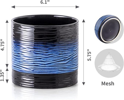 Nihow Ceramic Plant Pot,6 Inch Planter with Drainage Hole&Saucer for Indoor | Black & Vivid Blue,Indoor & Outdoor, Cylinder Round Flower Pot, For Succulent/Herbs/Violets