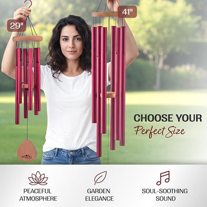 Red Wind Chimes for Outside Deep Tone, 41 Inch Hand Tuned B Major Pentatonic Alto Wind Chime with Decorative Kindness Stone, Outdoor Garden Patio Porch Decor, Meaningful Sympathy Memorial Gift