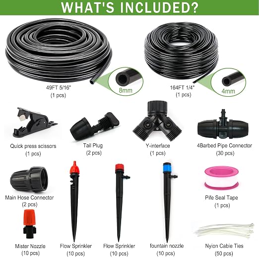 Drip Irrigation System, 213FT Drip Irrigation Kit for Garden - 50FT Main & 163FT Branch Tubing, Adjustable Nozzles for Drip or Mist Cooling, Irrigation System for Garden, Lawn, Patio, Raised Bed