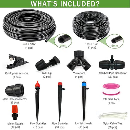 Drip Irrigation System, 213FT Drip Irrigation Kit for Garden - 50FT Main & 163FT Branch Tubing, Adjustable Nozzles for Drip or Mist Cooling, Irrigation System for Garden, Lawn, Patio, Raised Bed