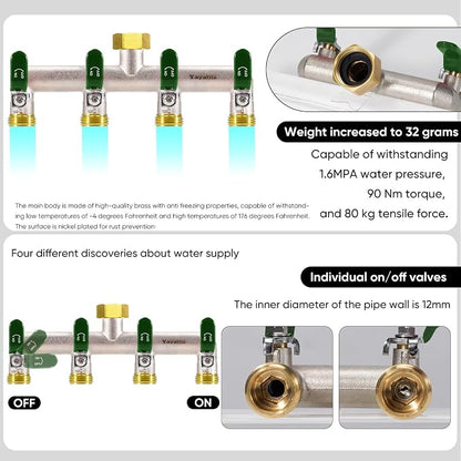 4 Way Garden Hose Splitter, Heavy Duty Brass Nickel Plated Rust Resistant Faucet Manifold, 3/4" Frost Resistant Outdoor Hose Adapter Connector，Hose Spigot Adapter with 4 large Green handles