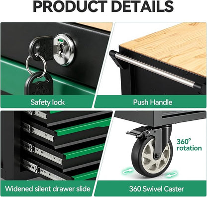 7-Drawers Professional Tool Cart Cabinet,Rolling Tool Chest with Double Shelves,Wood Workbench,Brake Wheels,51.1W x 18.9D x 32.3H inches for Garage, Workshop, or Outdoor Use(7 Drawers)