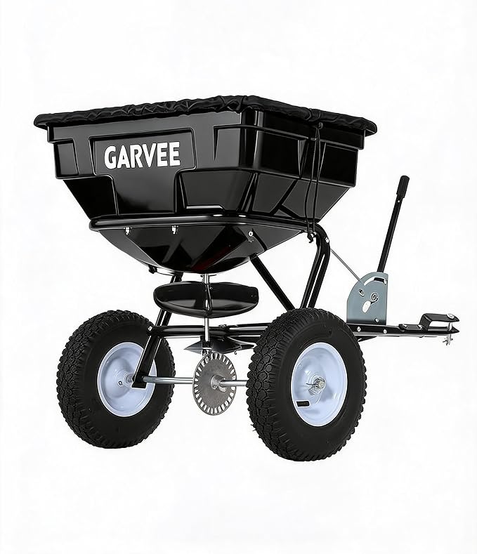 Tow Behind Broadcast Spreader, 125 LBS Large Capacity Universal Hook Tow & Push Lawn Spreader, 9.8 ft Spreading Width 30 Adjustable Settings, Compatible with UTV ATV Riding Mower & Most Tractors