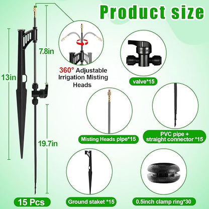 15 Sets 360° Adjustable Irrigation Misting Heads with Stake Micro Spray Emitters with 1/4" Irrigation Tubing on Riser Stake,Automatic Atomizing Sprinkler Stake Assembly for Garden Watering System