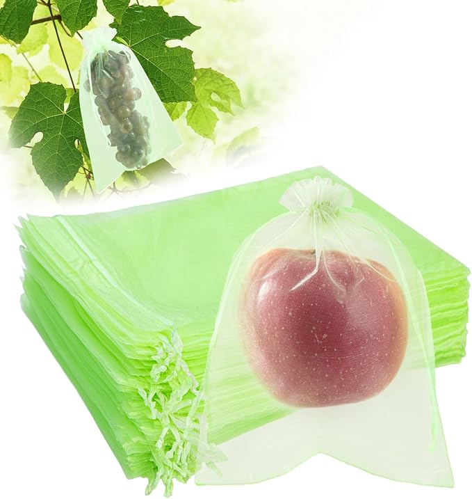 100PCS Fruit Protection Bags with Drawstring, 8x12 Inch Green Organza Produce Bags for Fruit Trees, Mesh Netting for Garden Protection