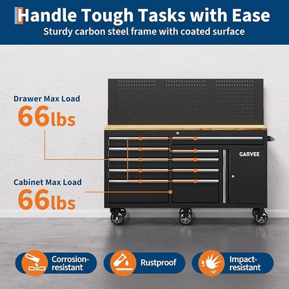 Garvee 60 in Rolling Tool Chest with 10 Drawers & Pegboard, Mobile Garage Tool Cabinet with Locks & Charging Station, Heavy Duty Workbench for Workshop, Black